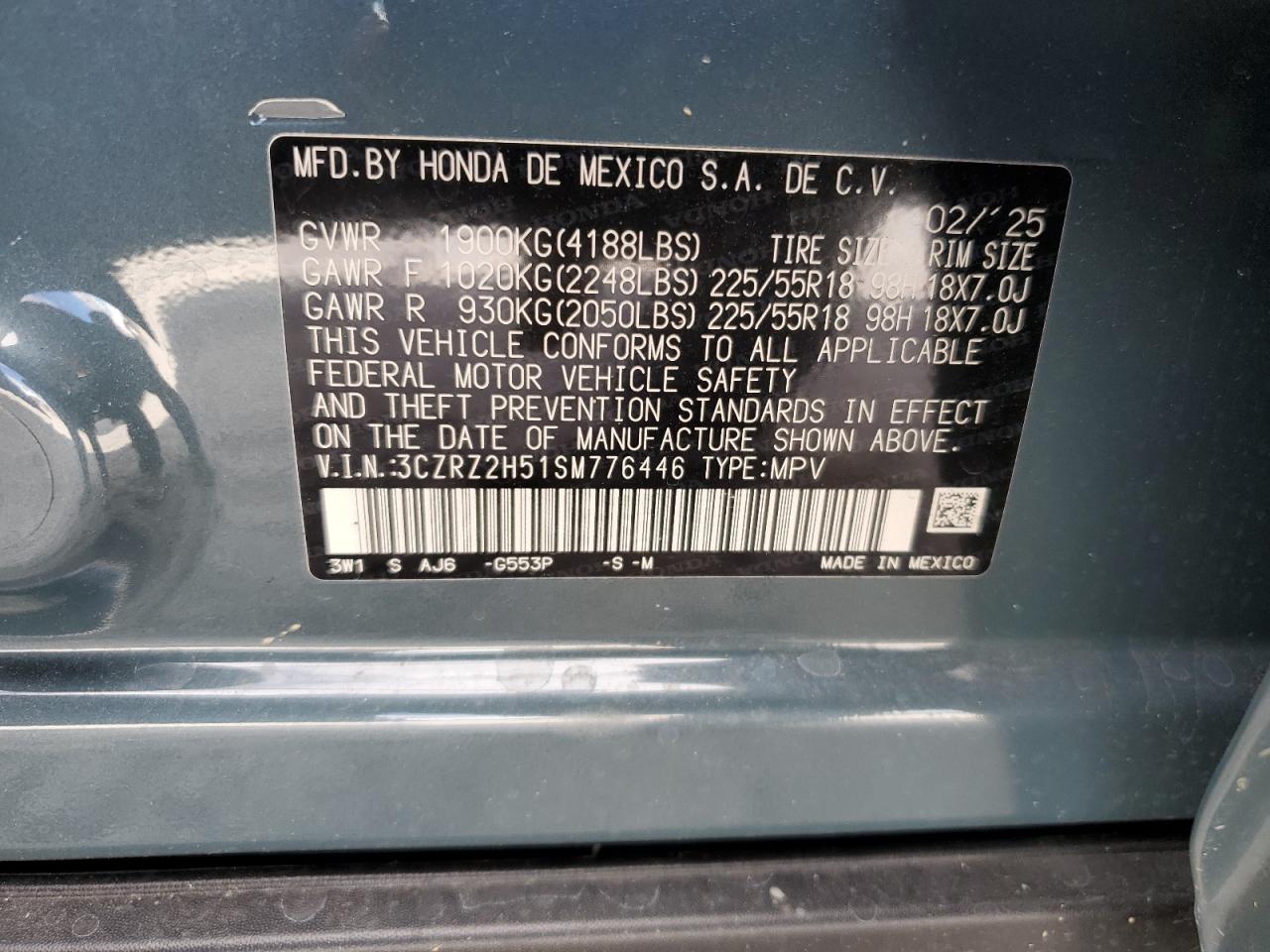 2025 Honda Hr-V Sport VIN: 3CZRZ2H51SM776446 Lot: 84578695