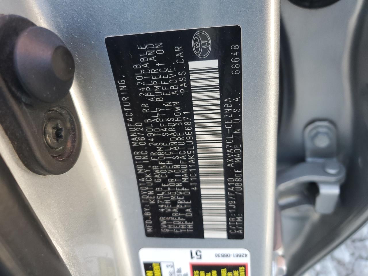 2020 Toyota Camry Le VIN: 4T1C11AK5LU966871 Lot: 82455315