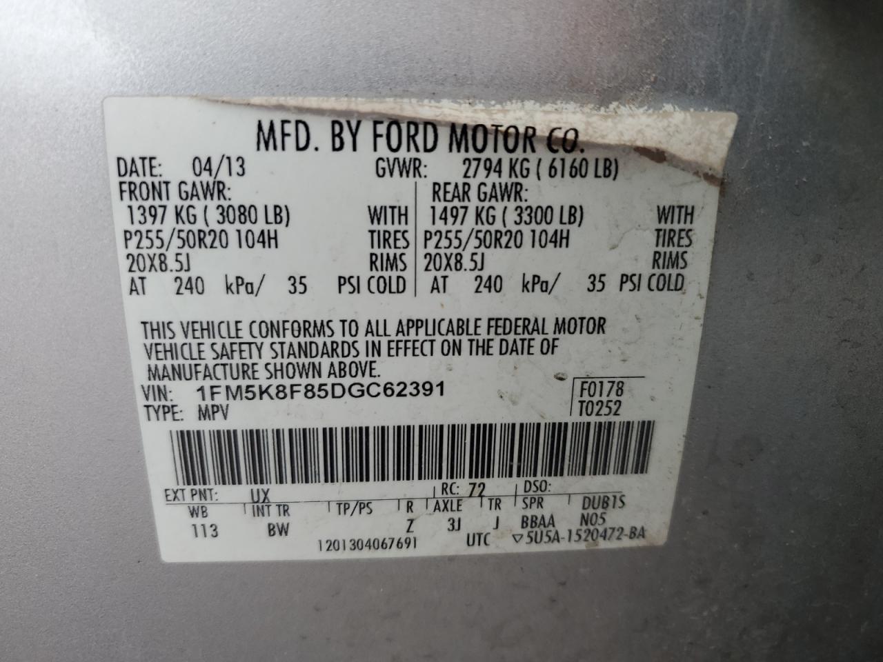 2013 Ford Explorer Limited VIN: 1FM5K8F85DGC62391 Lot: 85533995