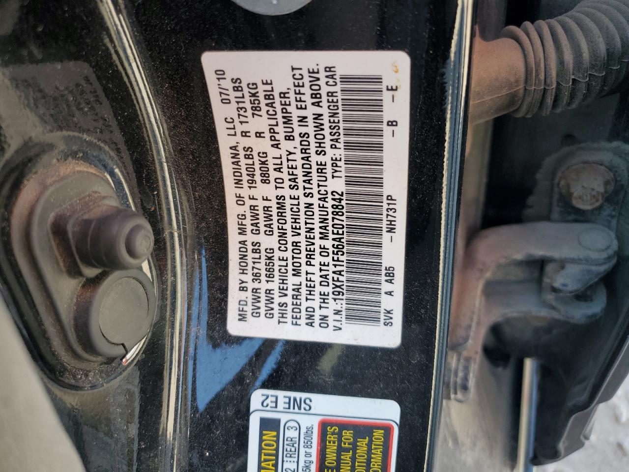 2010 Honda Civic Lx VIN: 19XFA1F56AE078842 Lot: 85122915