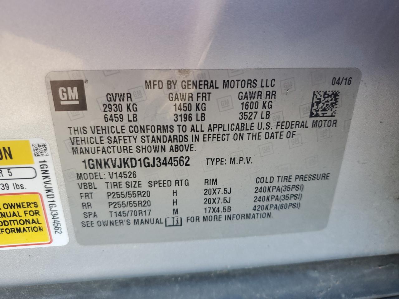 2016 Chevrolet Traverse Ltz VIN: 1GNKVJKD1GJ344562 Lot: 87403735
