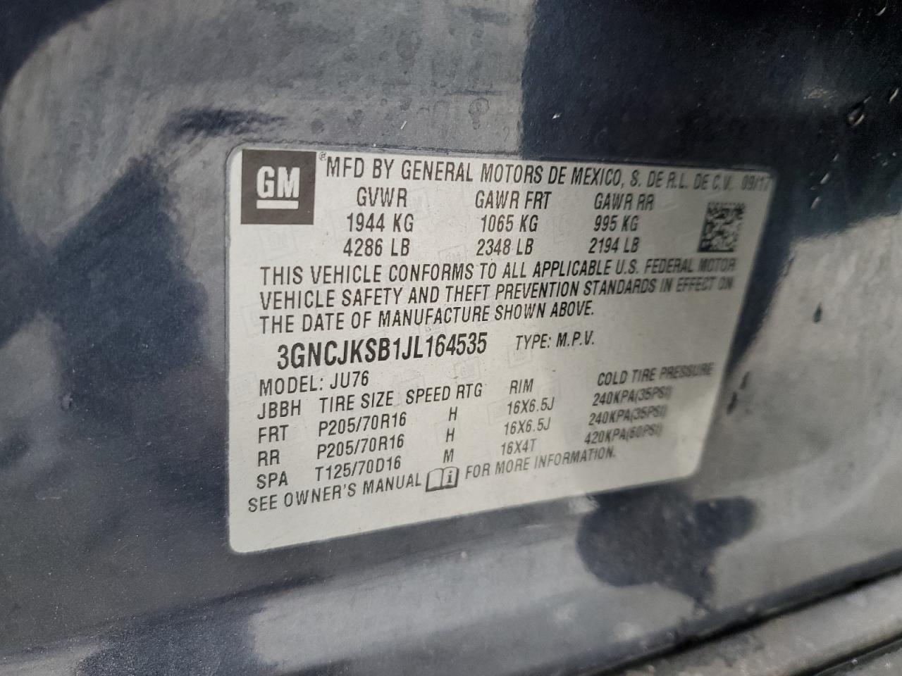 2018 Chevrolet Trax Ls VIN: 3GNCJKSB1JL164535 Lot: 90666605