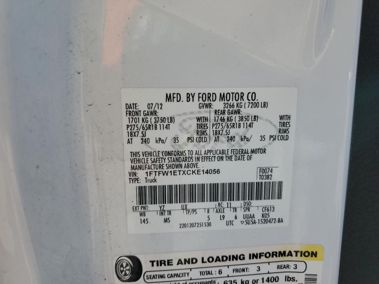 2012 Ford F150 Supercrew VIN: 1FTFW1ETXCKE14056 Lot: 85096235