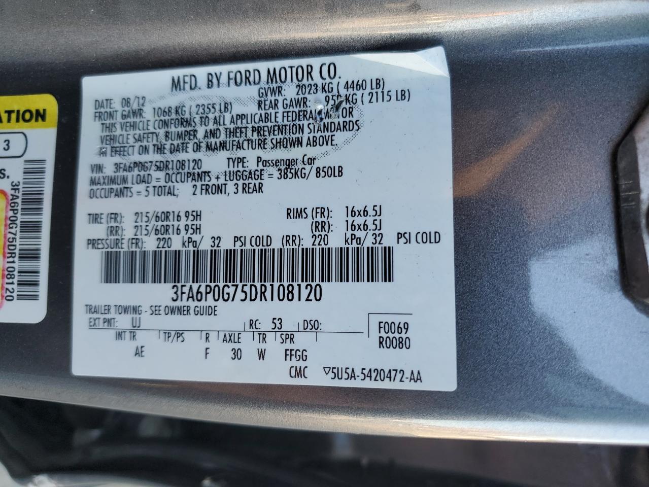 2013 Ford Fusion S VIN: 3FA6P0G75DR108120 Lot: 86847935