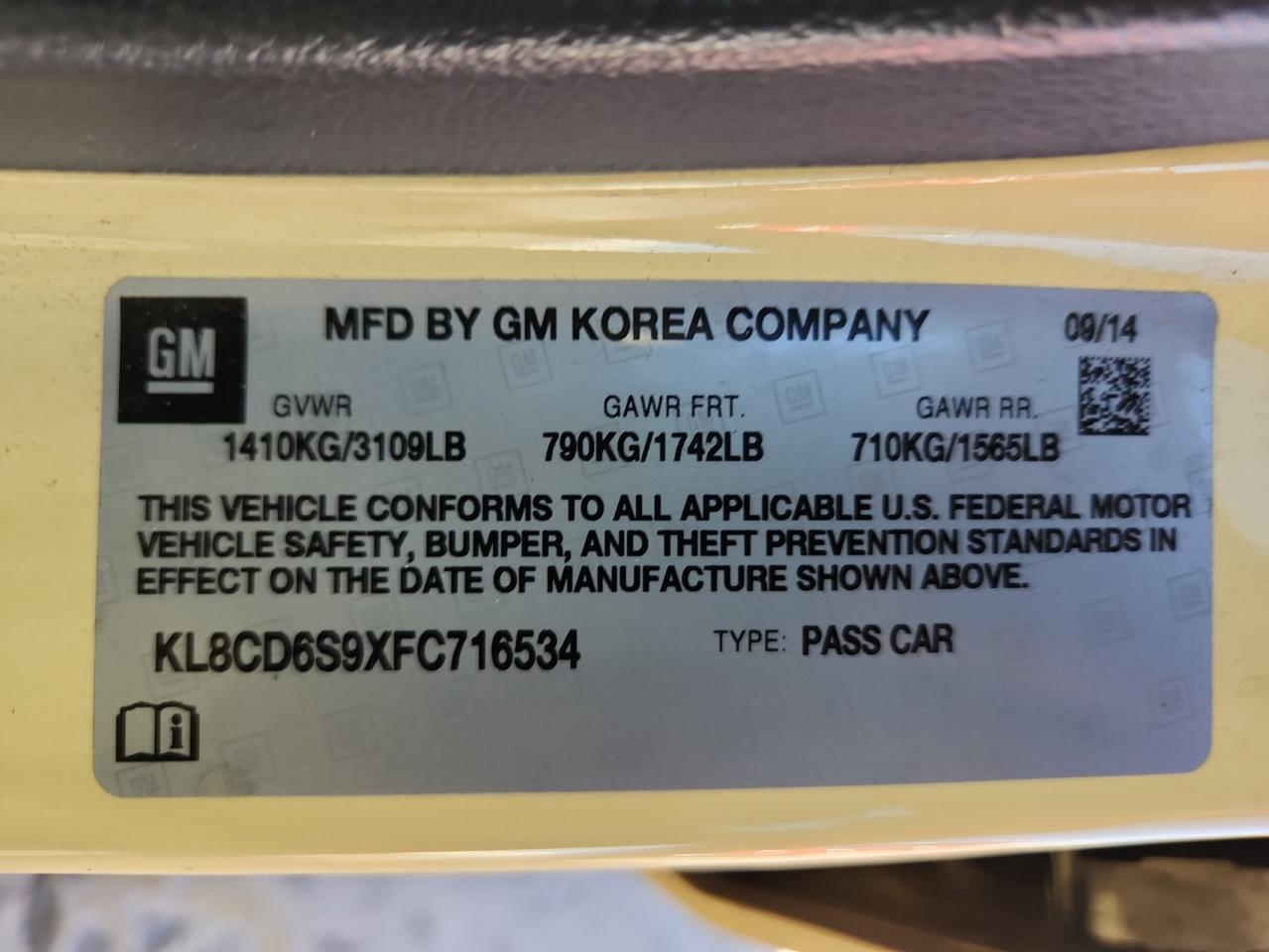 2015 Chevrolet Spark 1Lt VIN: KL8CD6S9XFC716534 Lot: 86533615