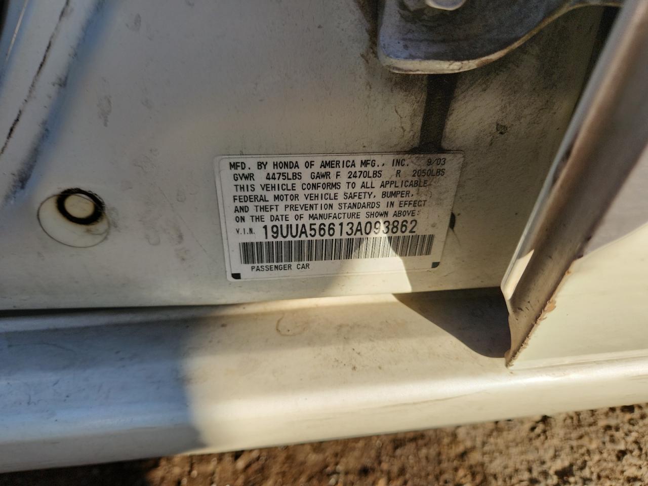 2003 Acura 3.2Tl VIN: 19UUA56613A093862 Lot: 85538245