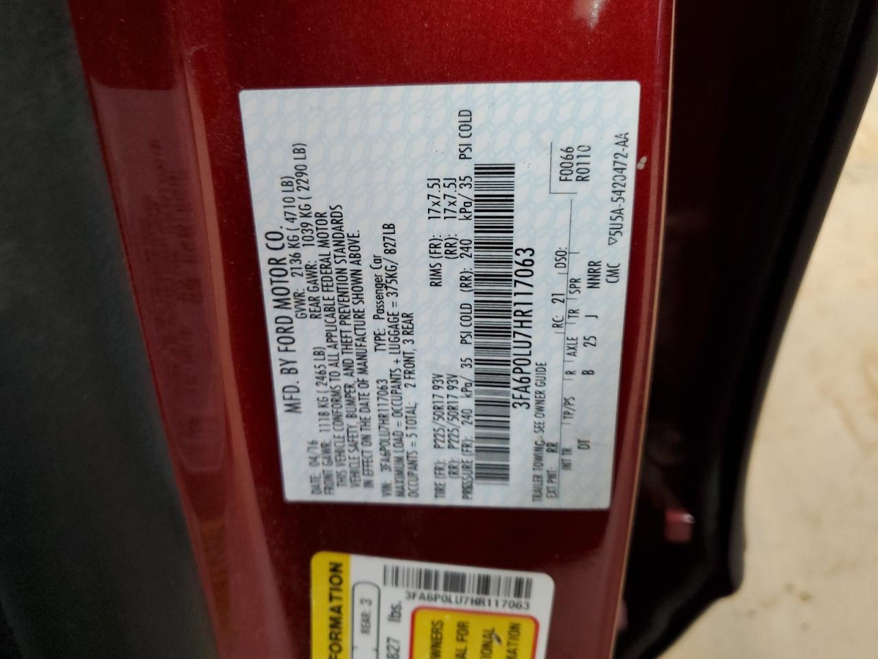 2017 Ford Fusion Se Hybrid VIN: 3FA6P0LU7HR117063 Lot: 87031275