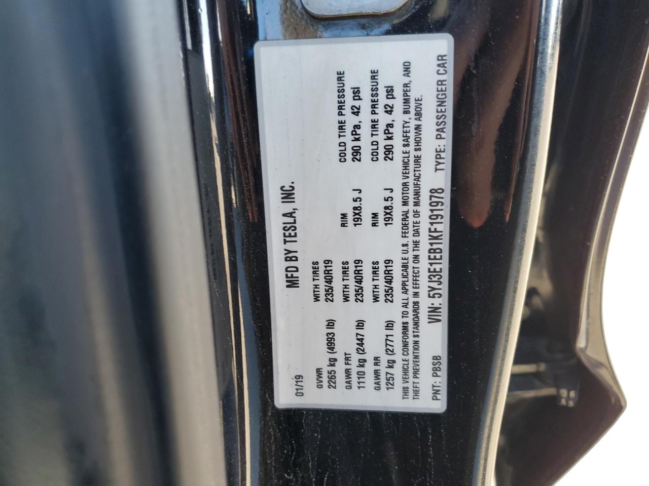 2019 Tesla Model 3 VIN: 5YJ3E1EB1KF191978 Lot: 87070735