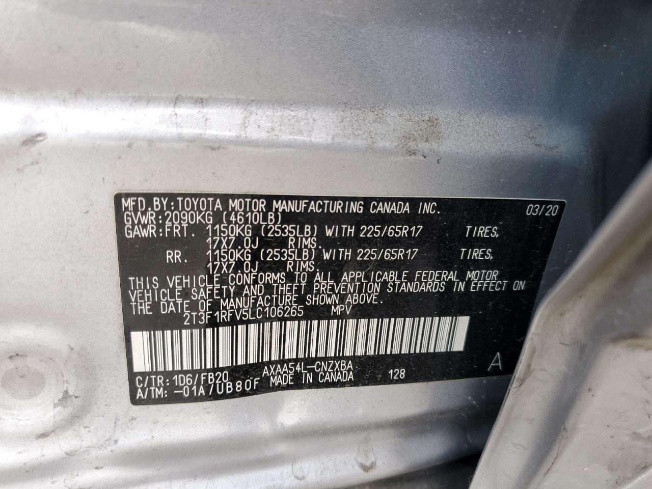 2020 Toyota Rav4 Le VIN: 2T3F1RFV5LC106265 Lot: 86174755