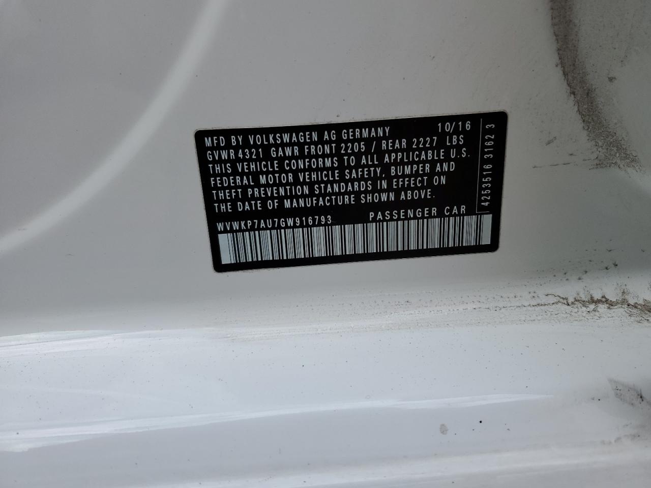 2016 Volkswagen E-Golf Se VIN: WVWKP7AU7GW916793 Lot: 91195175