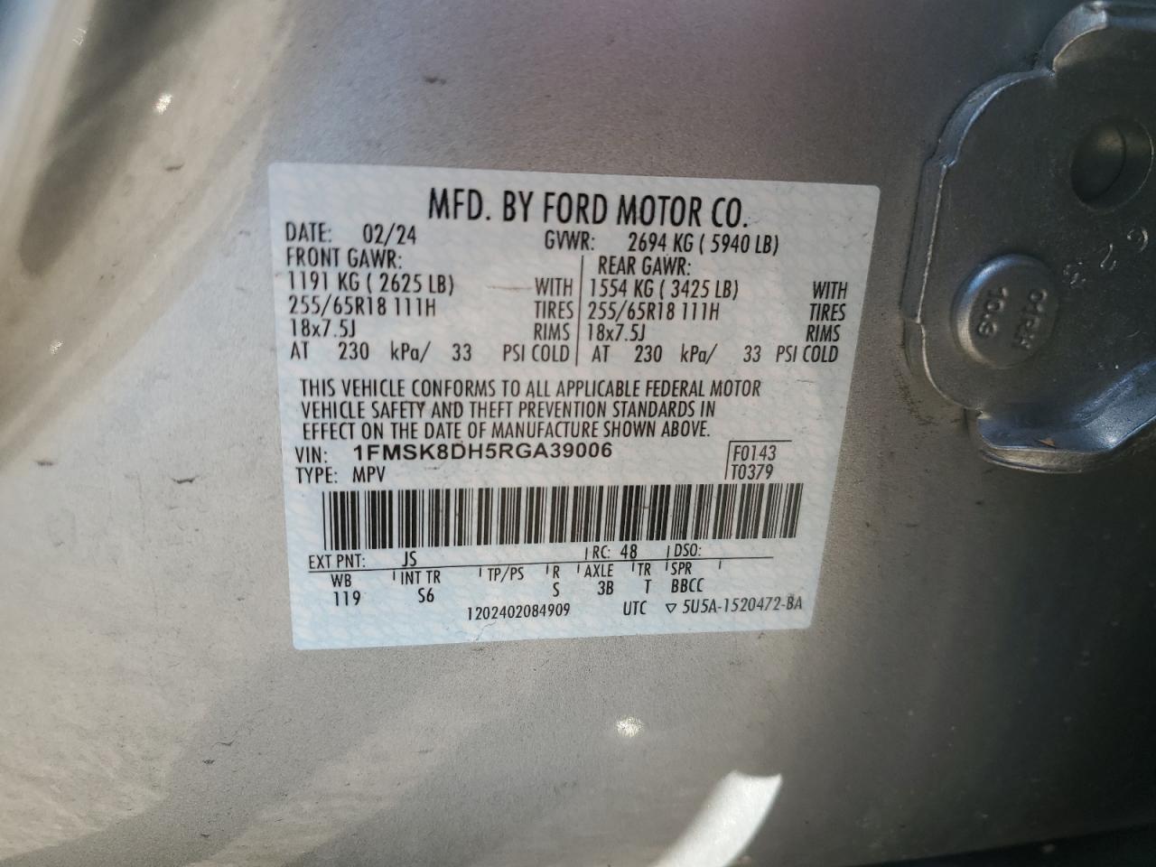 2024 Ford Explorer Xlt VIN: 1FMSK8DH5RGA39006 Lot: 85674255