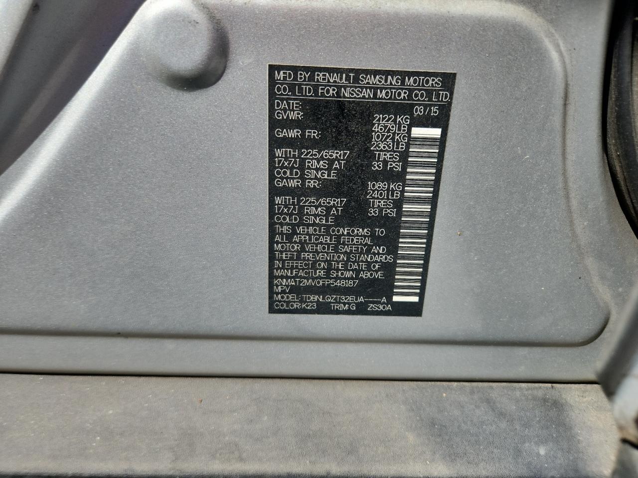 2015 Nissan Rogue S VIN: KNMAT2MV0FP548187 Lot: 85864055