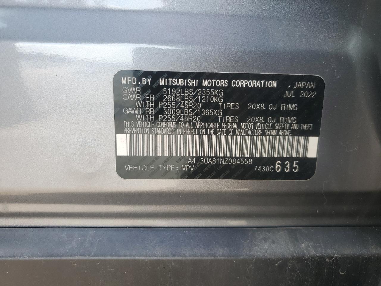 2022 Mitsubishi Outlander Se VIN: JA4J3UA81NZ084558 Lot: 85381395