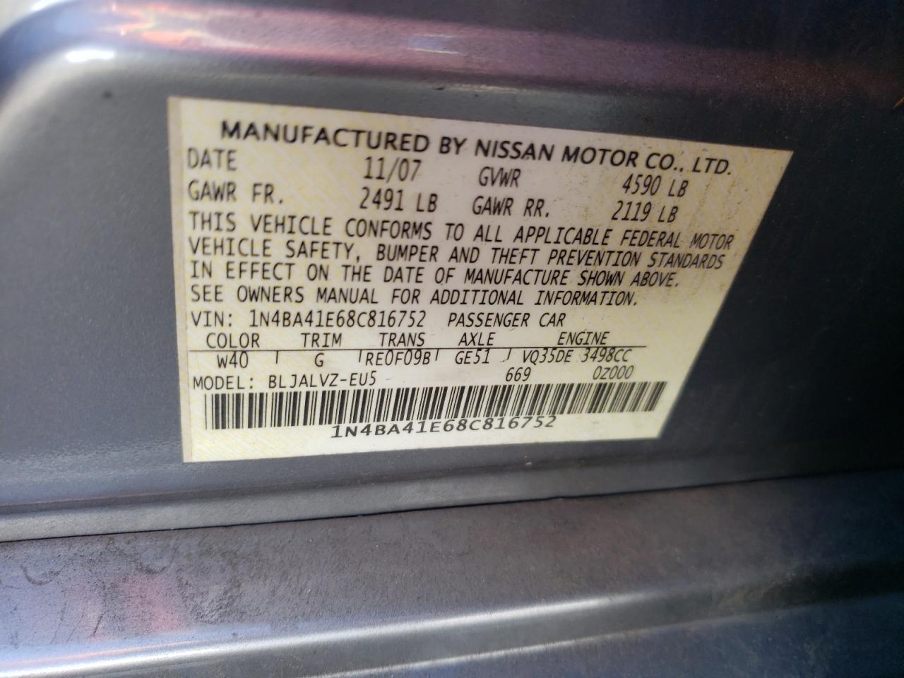 2008 Nissan Maxima Se VIN: 1N4BA41E68C816752 Lot: 85331955