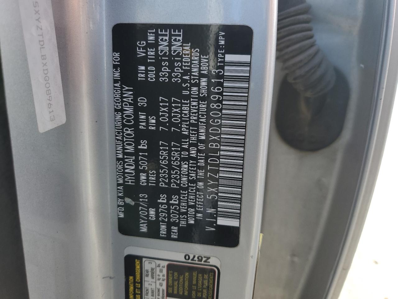 2013 Hyundai Santa Fe Sport VIN: 5XYZTDLBXDG089613 Lot: 90620165