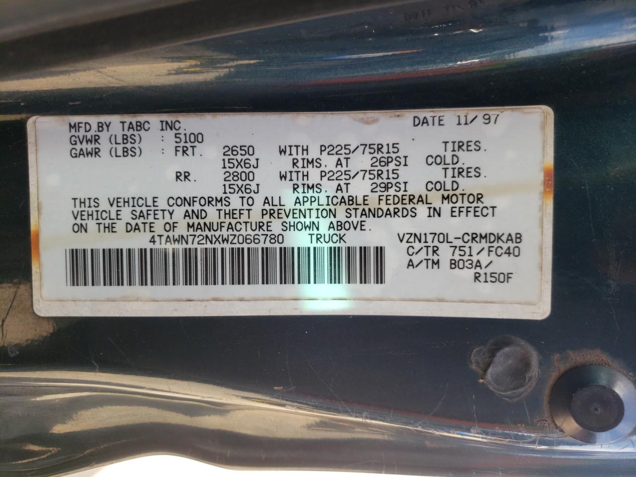 1998 Toyota Tacoma Xtracab VIN: 4TAWN72NXWZ066780 Lot: 82195955