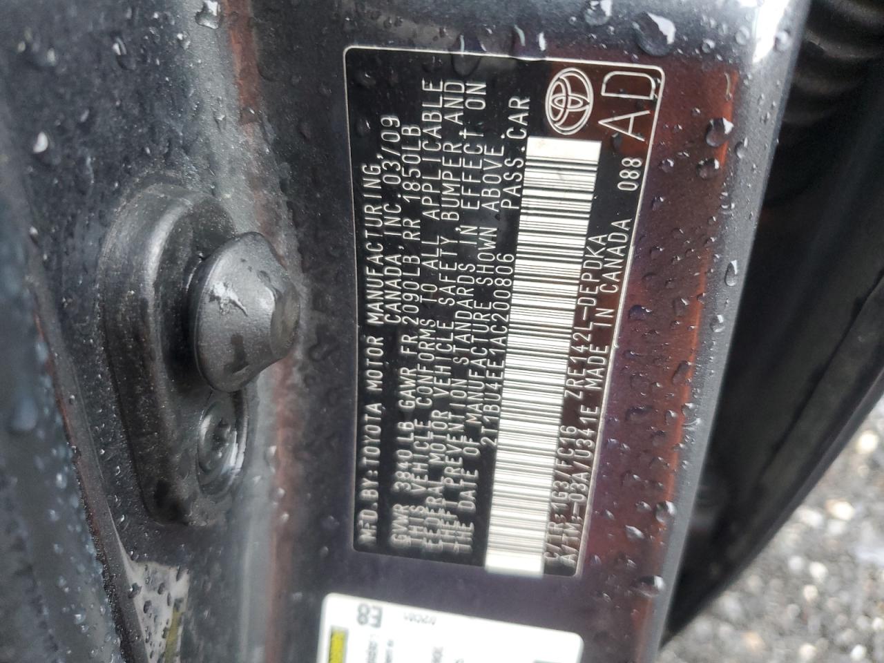 2010 Toyota Corolla Base VIN: 2T1BU4EE1AC200806 Lot: 82271105