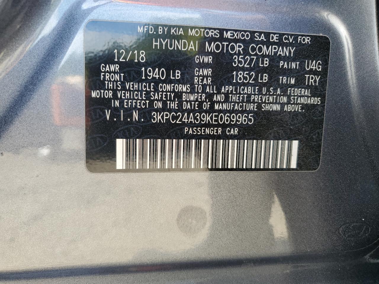2019 Hyundai Accent Se VIN: 3KPC24A39KE069965 Lot: 82350885