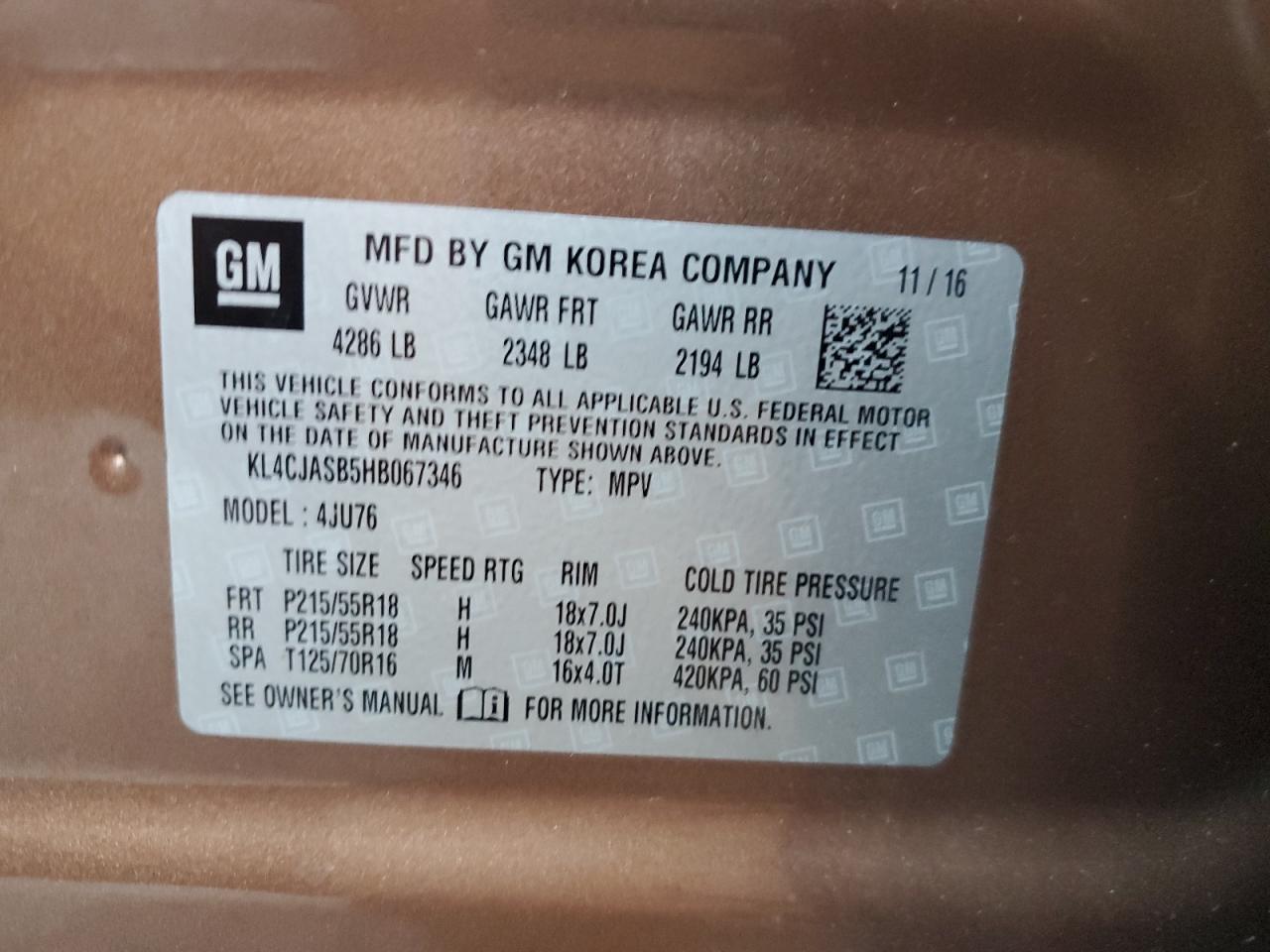 2017 Buick Encore Preferred VIN: KL4CJASB5HB067346 Lot: 85528865