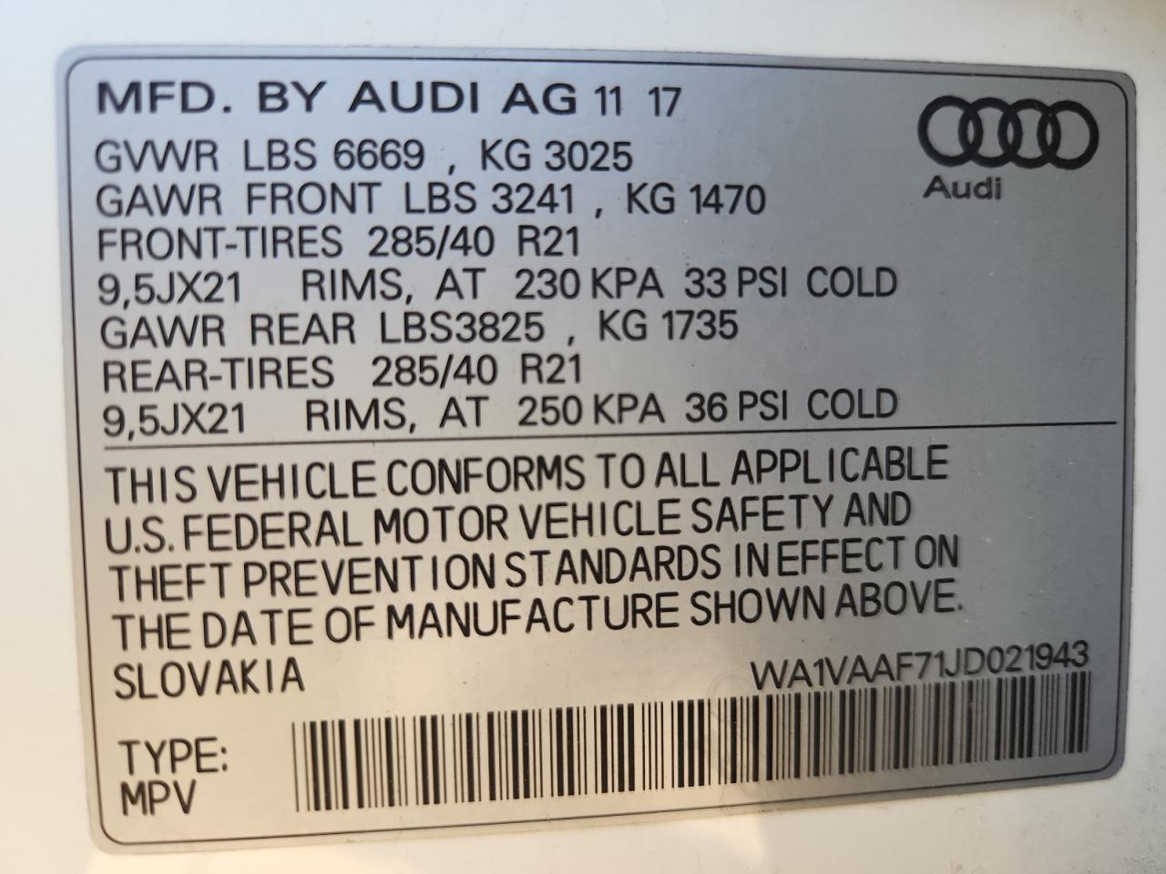2018 Audi Q7 Prestige VIN: WA1VAAF71JD021943 Lot: 89848955