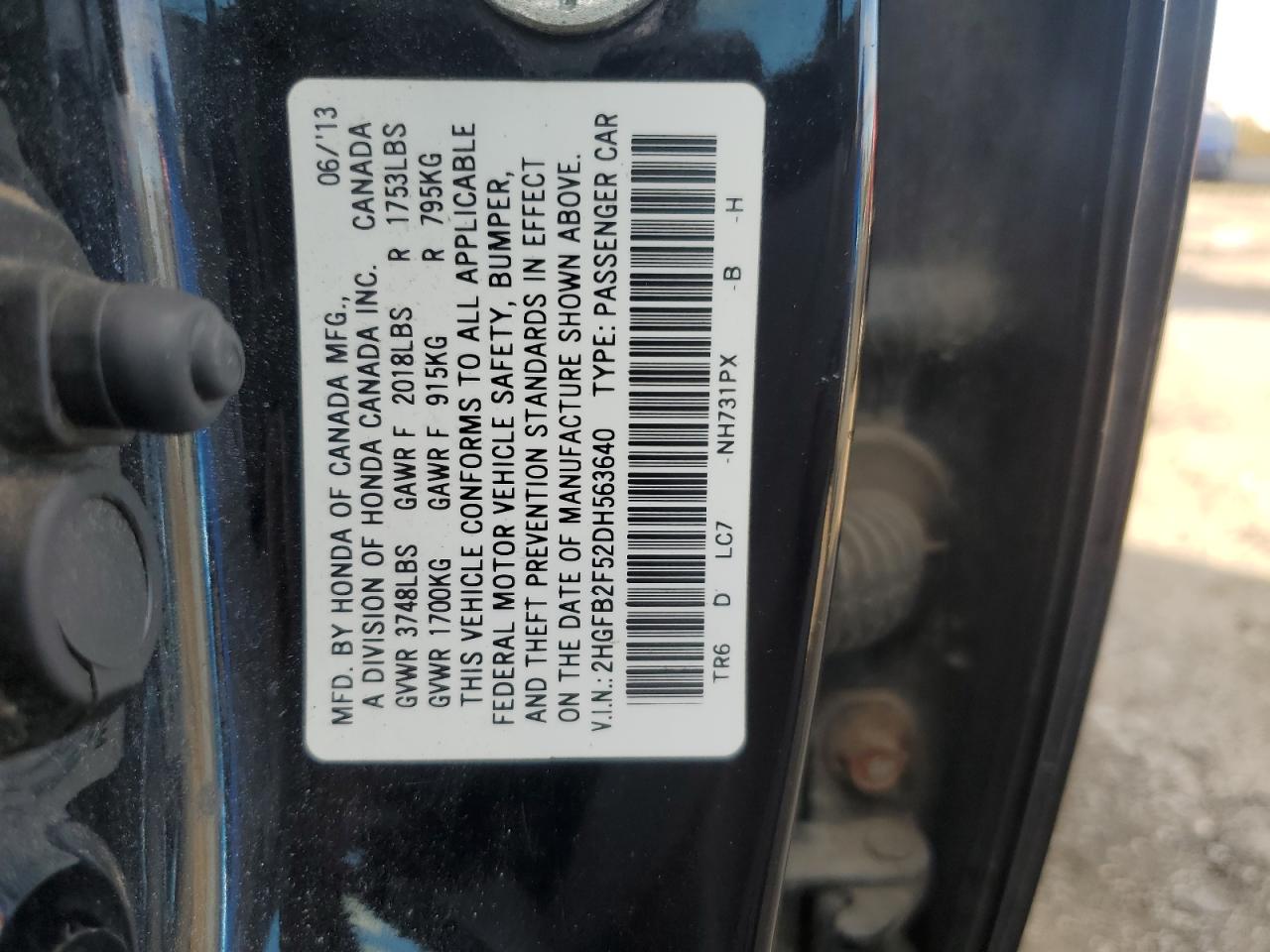 2013 Honda Civic Lx VIN: 2HGFB2F52DH563640 Lot: 85779605