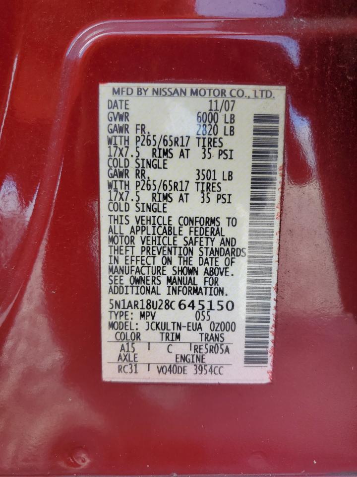 2008 Nissan Pathfinder S VIN: 5N1AR18U28C645150 Lot: 86338155