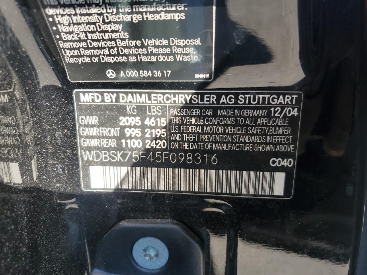 2005 Mercedes-Benz Sl 500 VIN: WDBSK75F45F098316 Lot: 82472055