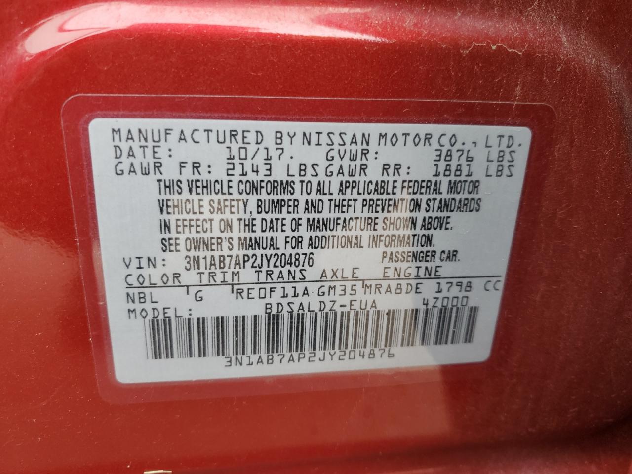 2018 Nissan Sentra S VIN: 3N1AB7AP2JY204876 Lot: 82240555