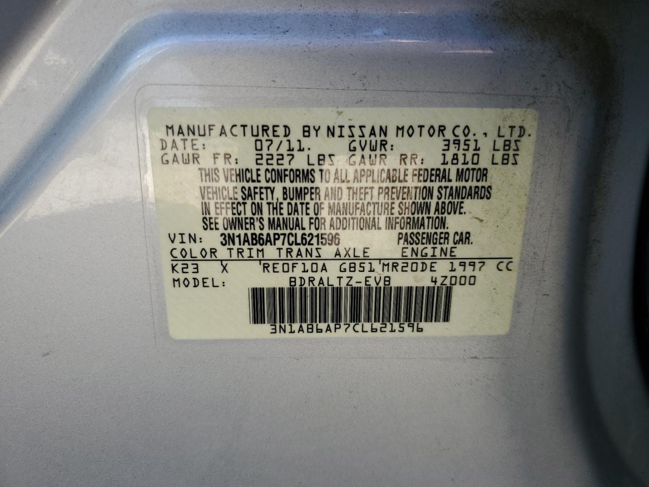 2012 Nissan Sentra 2.0 VIN: 3N1AB6AP7CL621596 Lot: 85700115