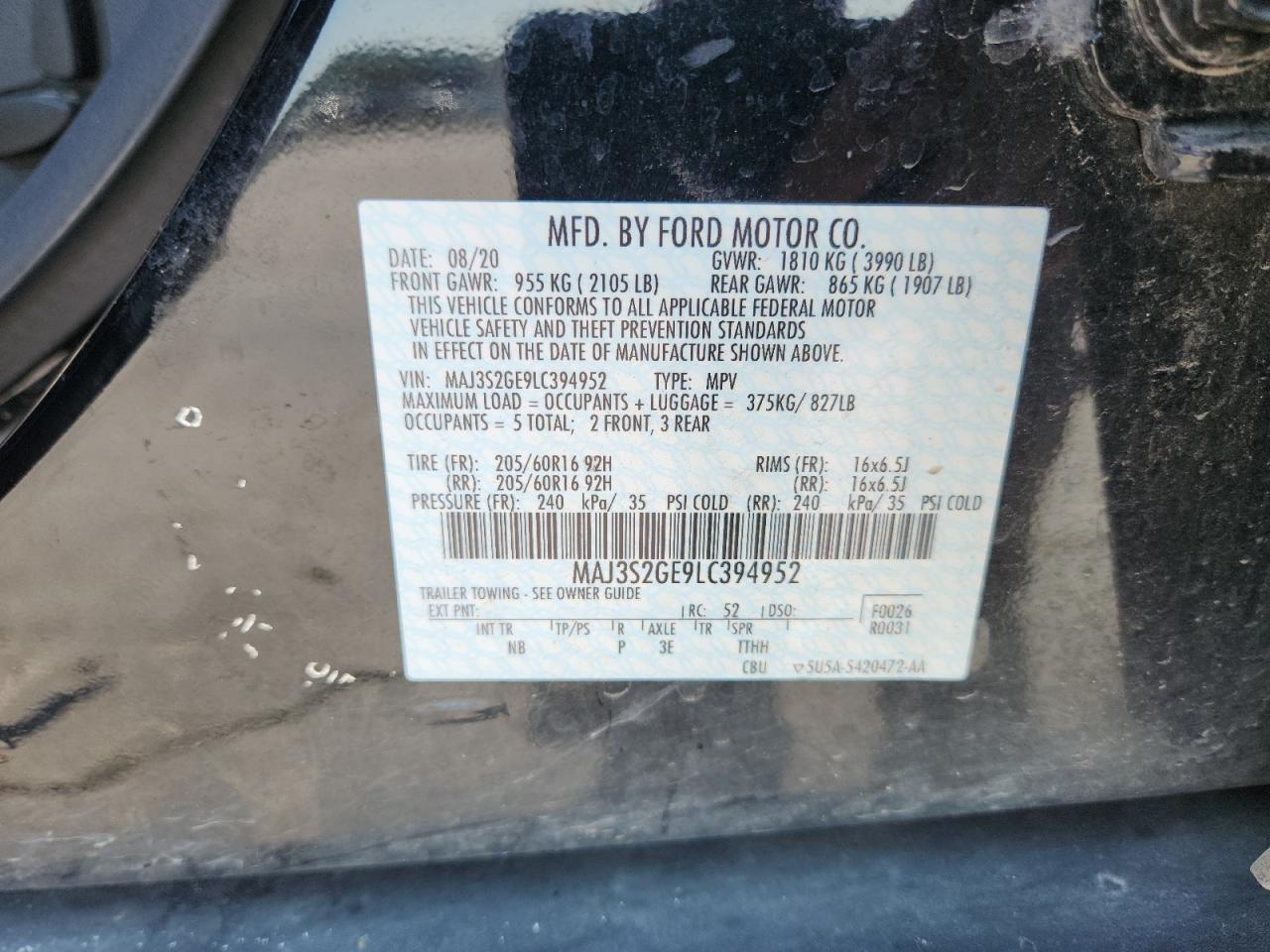 2020 Ford Ecosport Se VIN: MAJ3S2GE9LC394952 Lot: 85173925