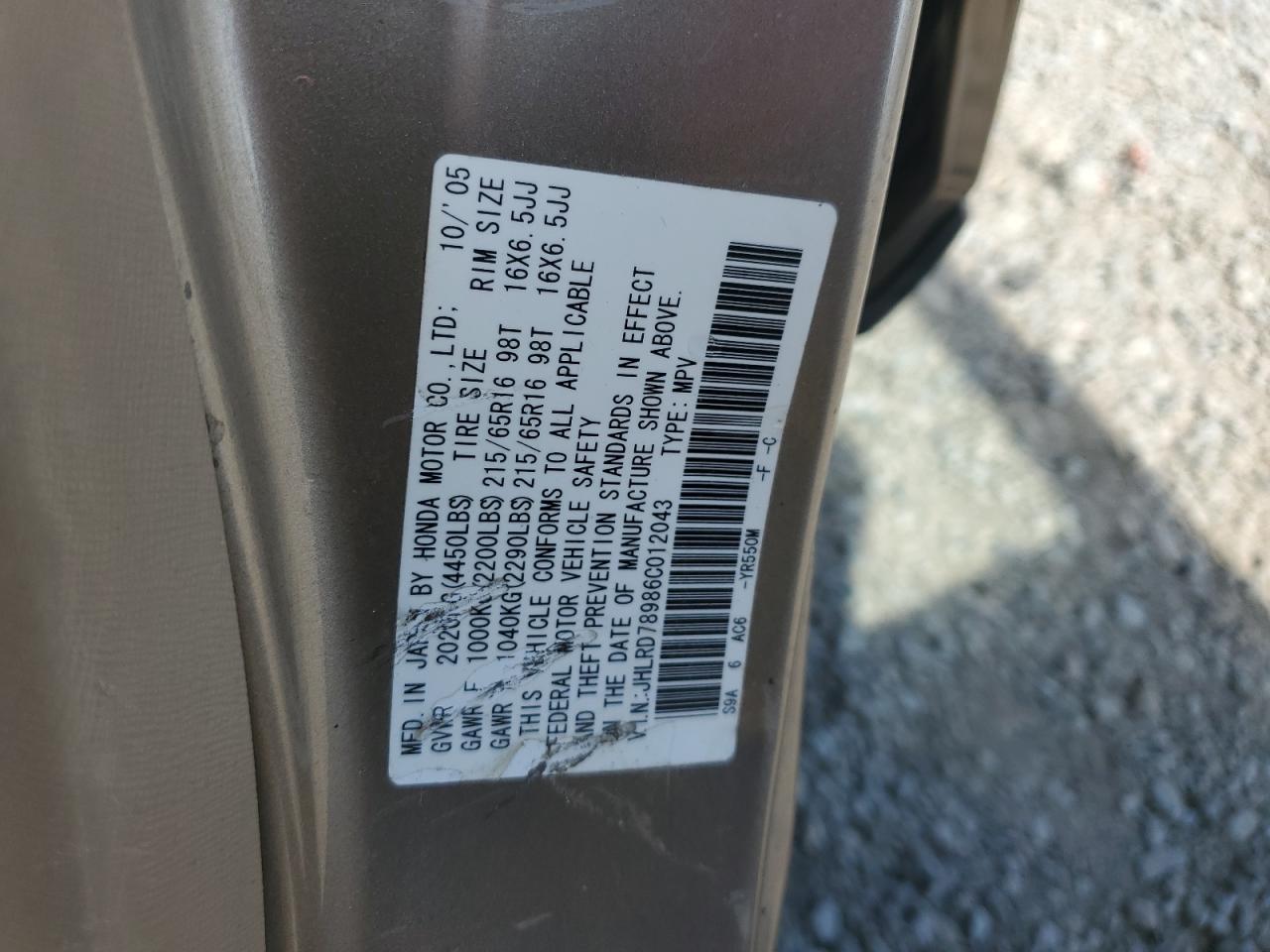 2006 Honda Cr-V Se VIN: JHLRD78986C012043 Lot: 82403195