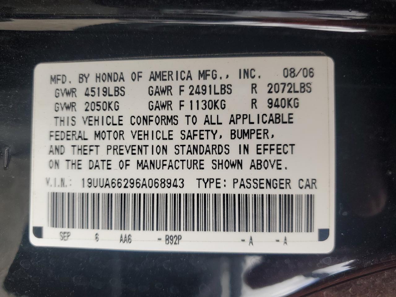 2006 Acura 3.2Tl VIN: 19UUA66296A068943 Lot: 85734685