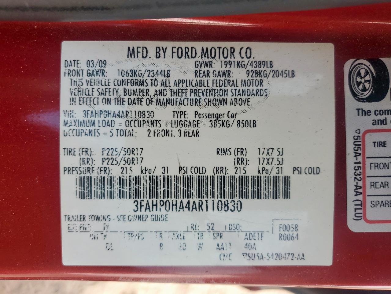 2010 Ford Fusion Se VIN: 3FAHP0HA4AR110830 Lot: 85003205