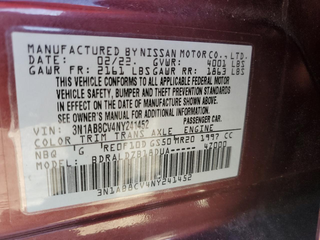 2022 Nissan Sentra Sv VIN: 3N1AB8CV4NY241452 Lot: 81972185