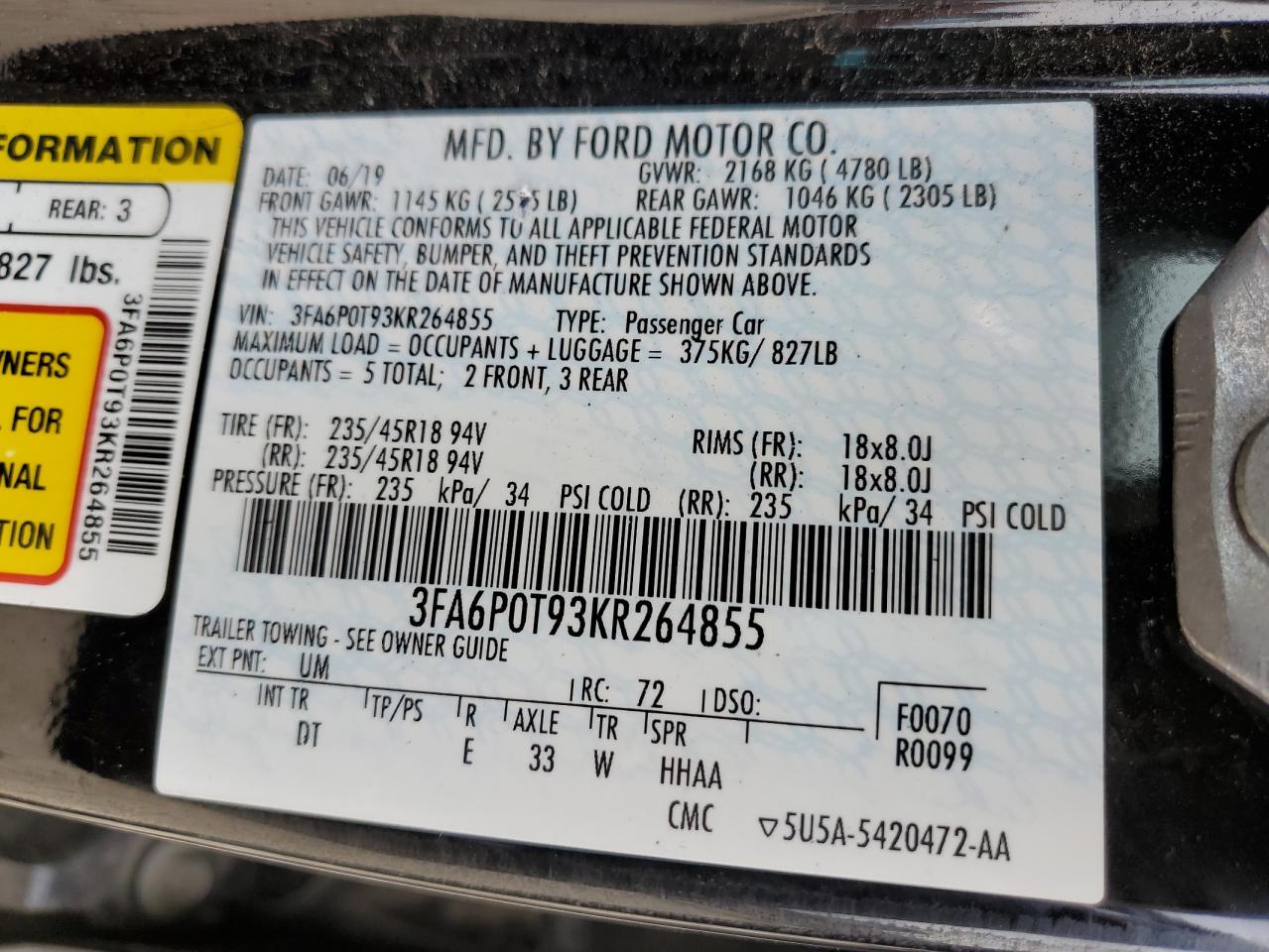 2019 Ford Fusion Se VIN: 3FA6P0T93KR264855 Lot: 85840095