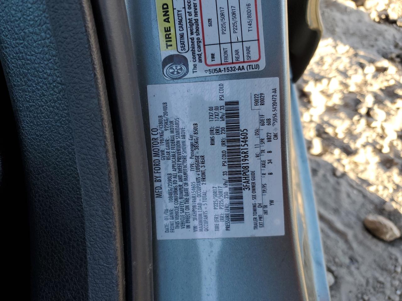 2006 Ford Fusion Sel VIN: 3FAHP08196R154605 Lot: 84582135