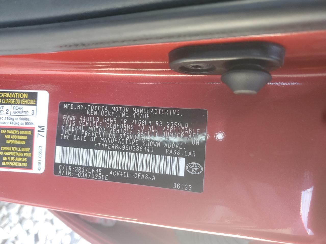 2009 Toyota Camry Base VIN: 4T1BE46K99U386140 Lot: 81883835