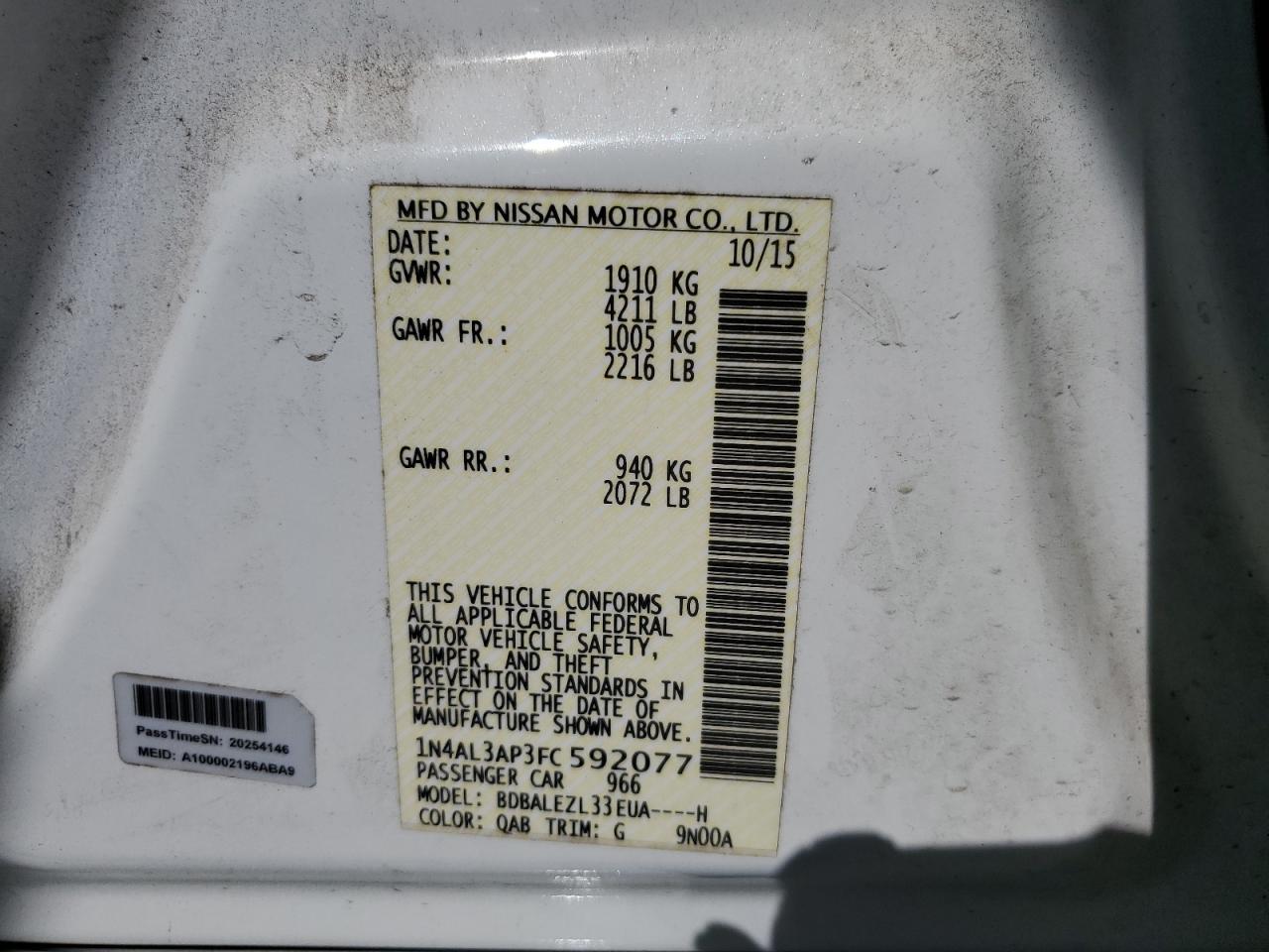 2015 Nissan Altima 2.5 VIN: 1N4AL3AP3FC592077 Lot: 85838705