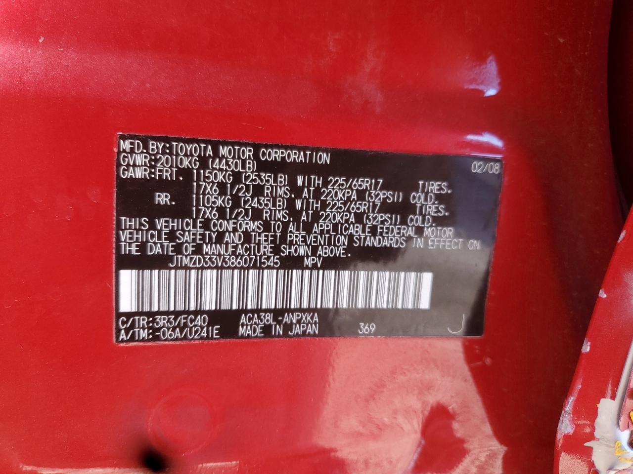 2008 Toyota Rav4 VIN: JTMZD33V386071545 Lot: 90090135