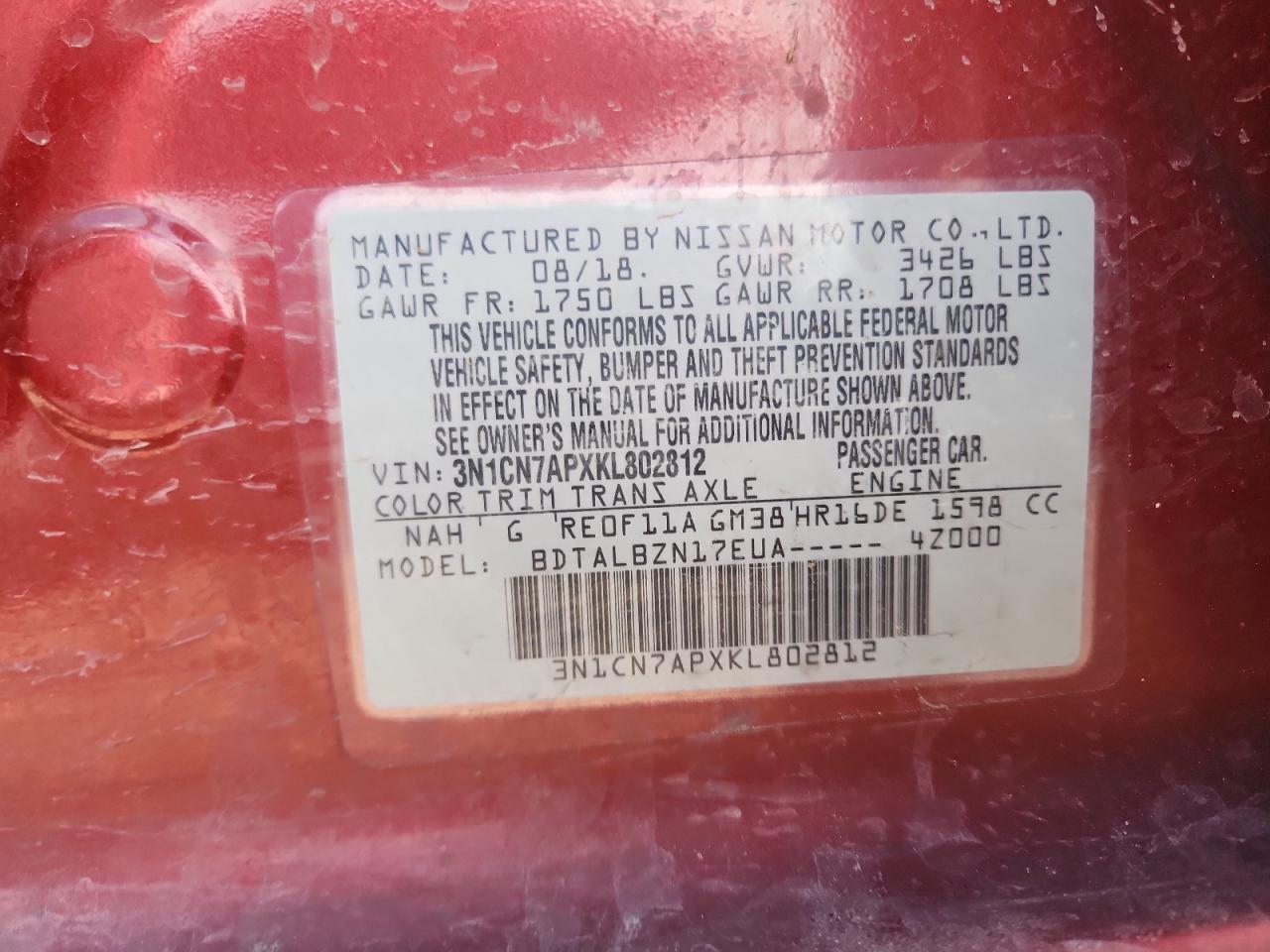 2019 Nissan Versa S VIN: 3N1CN7APXKL802812 Lot: 85757425