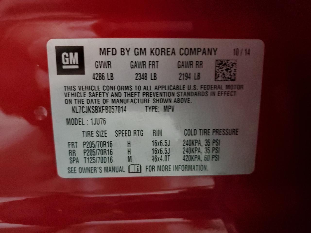 2015 Chevrolet Trax Ls VIN: KL7CJKSBXFB057014 Lot: 84899465