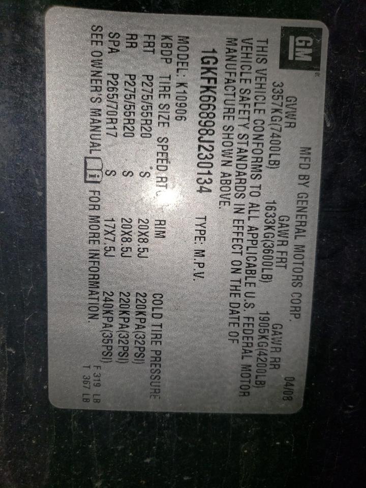 2008 GMC Yukon Xl Denali VIN: 1GKFK66898J230134 Lot: 85378235