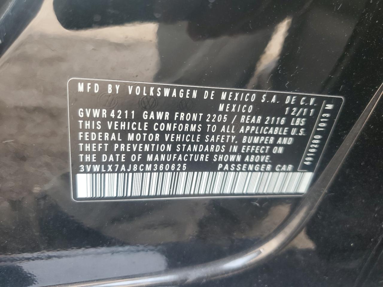 2012 Volkswagen Jetta Sel VIN: 3VWLX7AJ8CM360625 Lot: 86265625