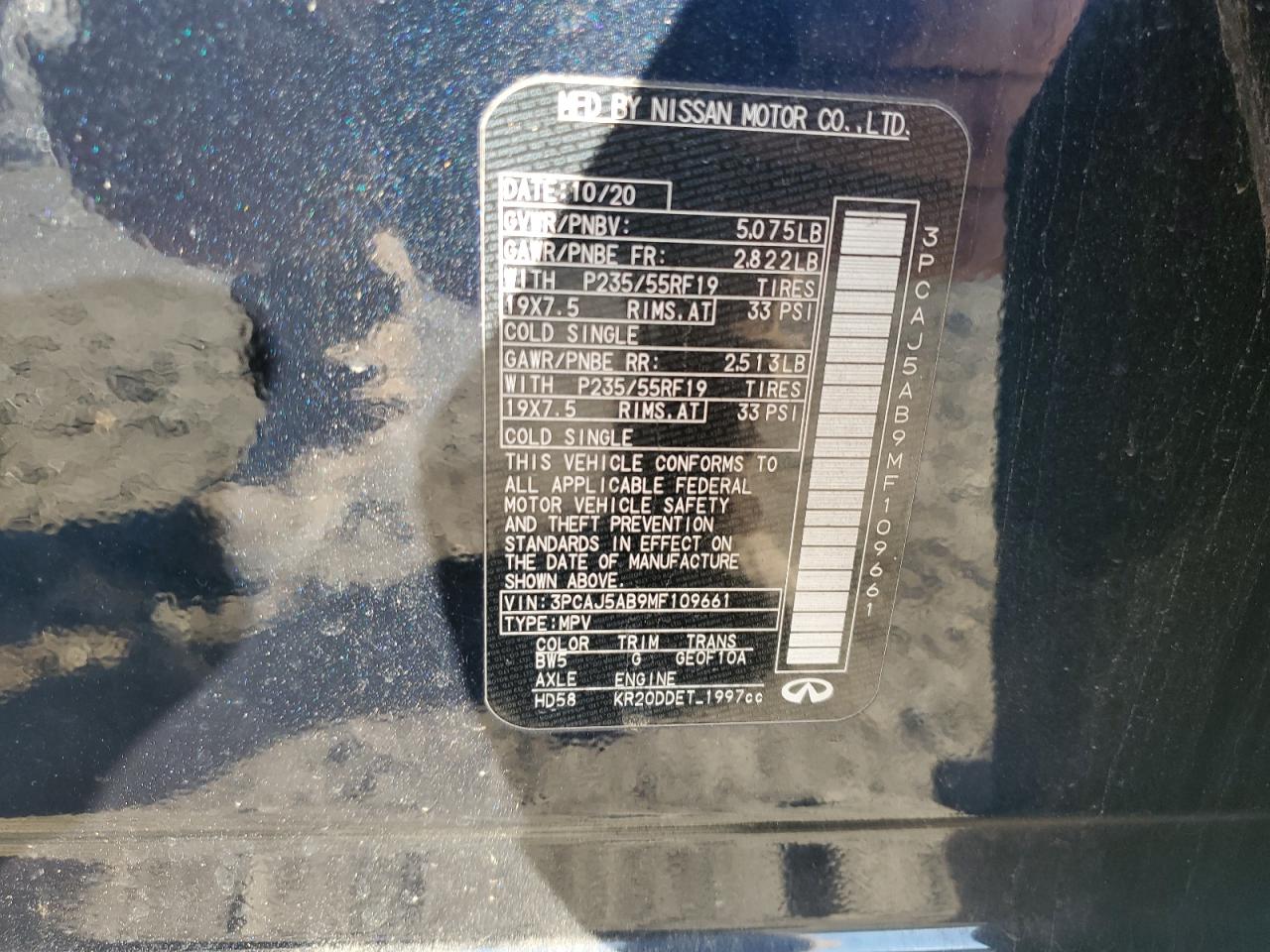 2021 Infiniti Qx50 Pure VIN: 3PCAJ5AB9MF109661 Lot: 89798325