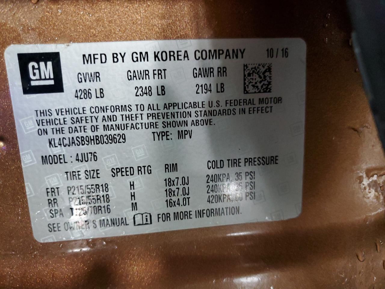 2017 Buick Encore Preferred VIN: KL4CJASB9HB039629 Lot: 90816645