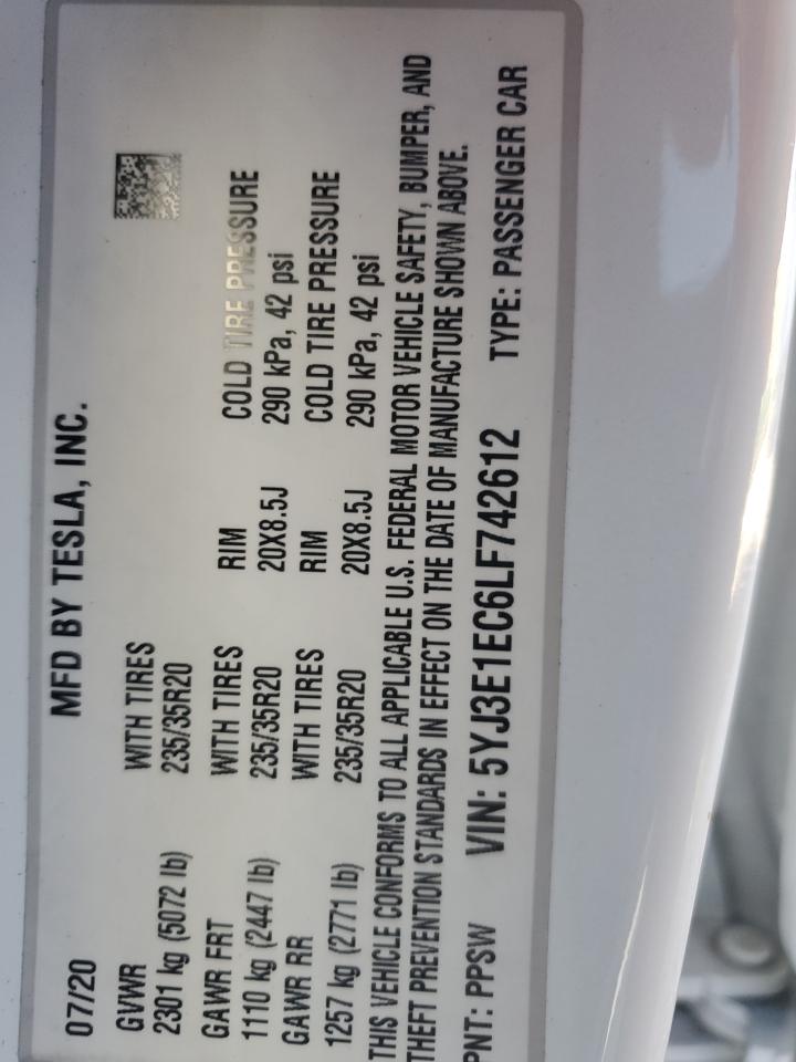 2020 Tesla Model 3 VIN: 5YJ3E1EC6LF742612 Lot: 84542145