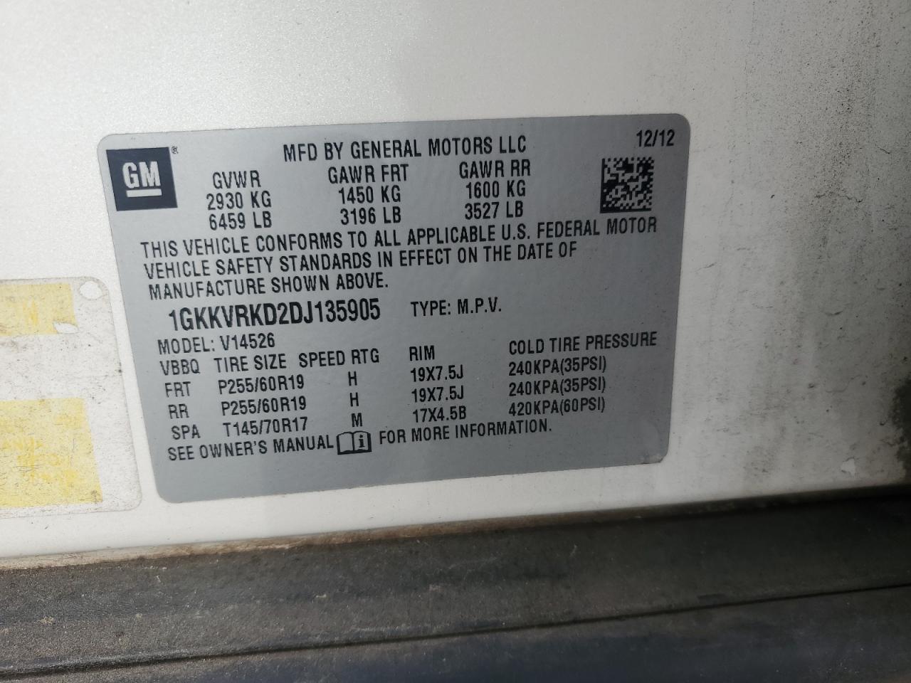 2013 GMC Acadia Slt-1 VIN: 1GKKVRKD2DJ135905 Lot: 82402915