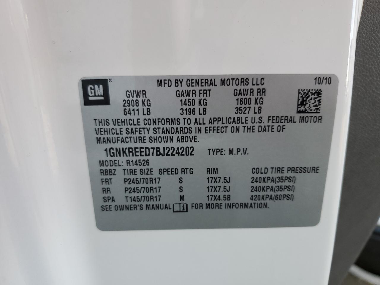 2011 Chevrolet Traverse Ls VIN: 1GNKREED7BJ224202 Lot: 86112475