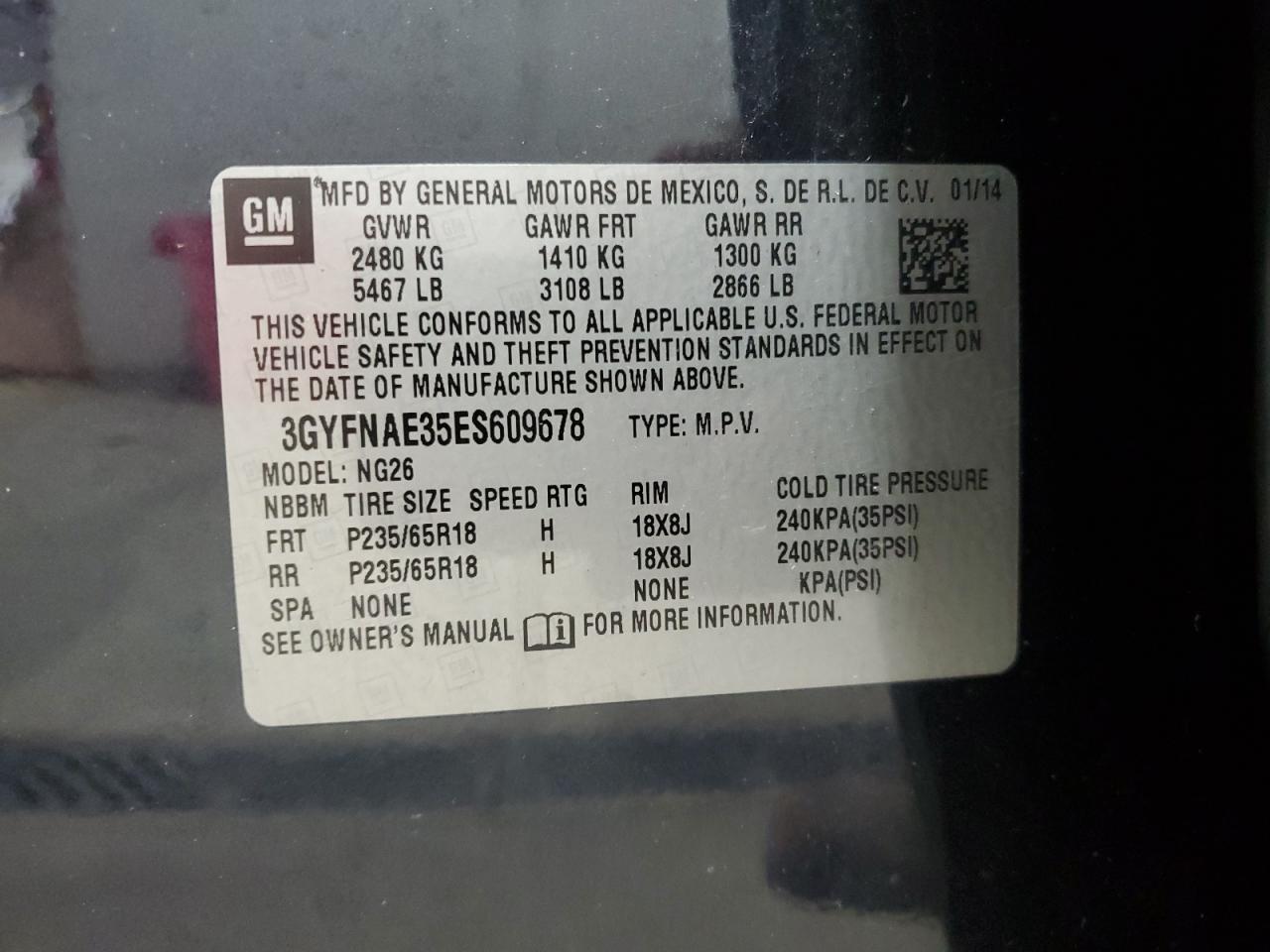 2014 Cadillac Srx VIN: 3GYFNAE35ES609678 Lot: 86243165