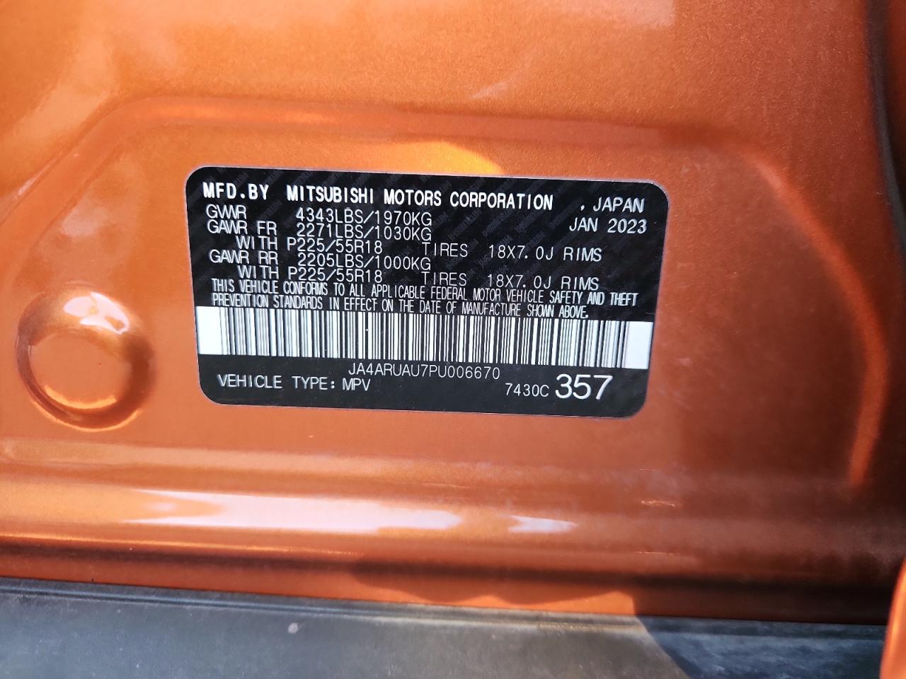 2023 Mitsubishi Outlander Sport S/Se VIN: JA4ARUAU7PU006670 Lot: 90339695